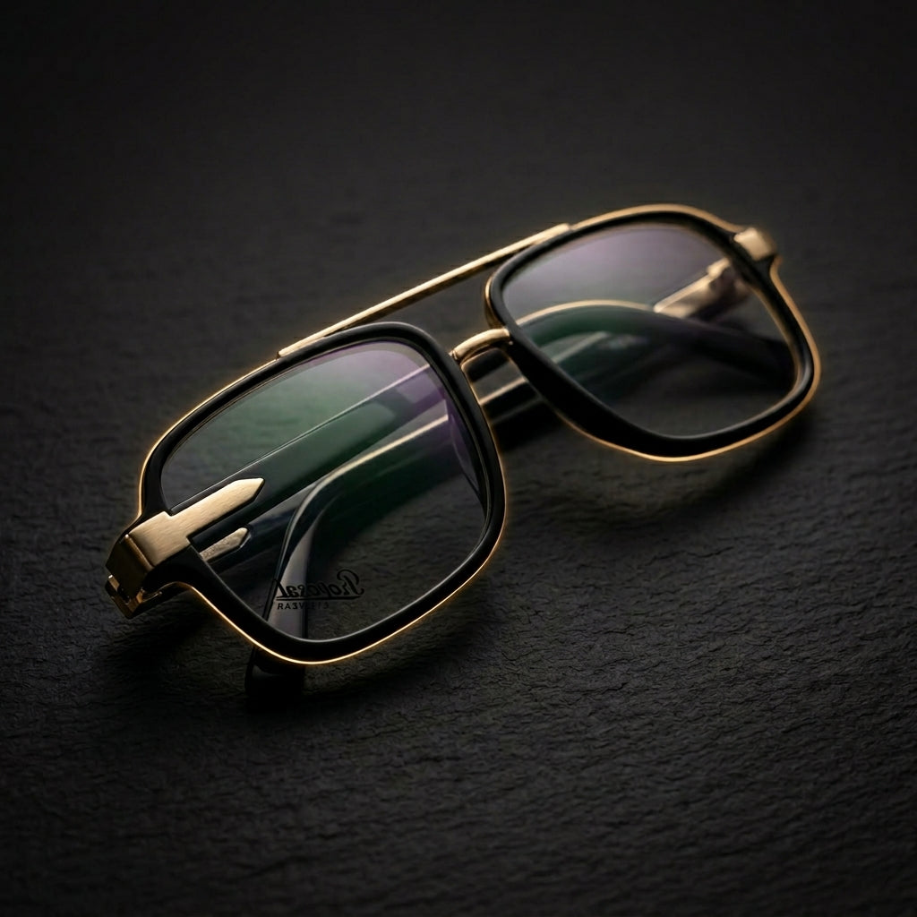 Saad Optics Prosaal P9519 Retro Double Bridge Eyeglasses Frame | Black & Blue Aviator Style Optical Frames