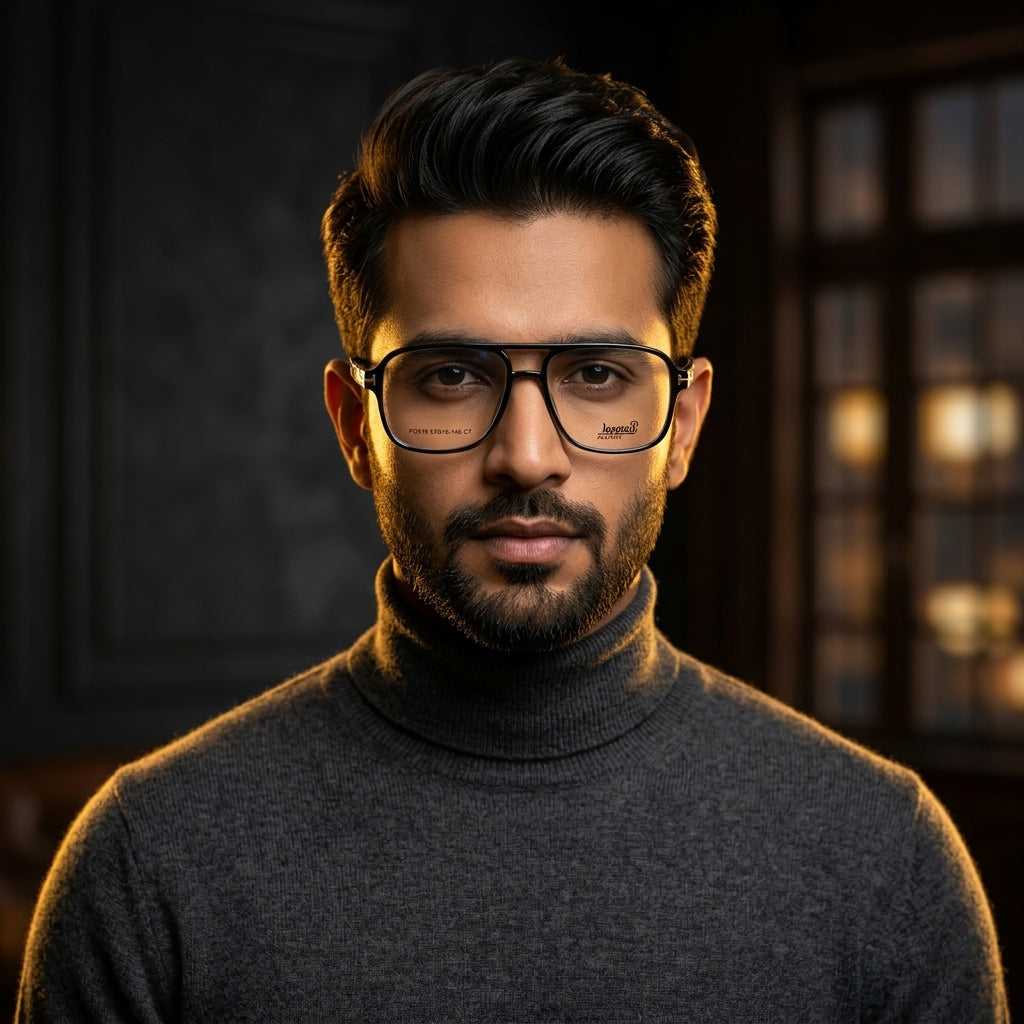 Saad Optics Prosaal P9519 Retro Double Bridge Eyeglasses Frame | Black & Blue Aviator Style Optical Frames